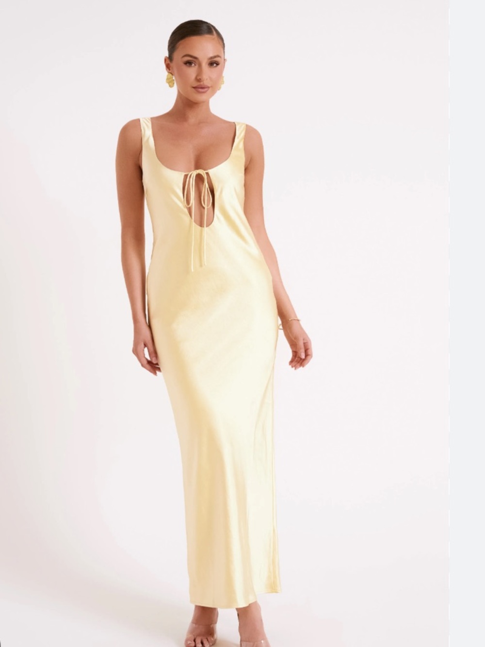 FINAL SALE - Meshki Satin Tie-Front Maxi Dress in Butter Yellow